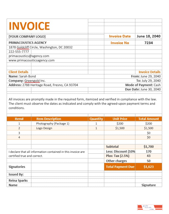 Sample Agency Invoice template PSD template
